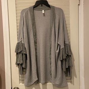 Waffle Knit Cardigan with Ruffled Sleeves